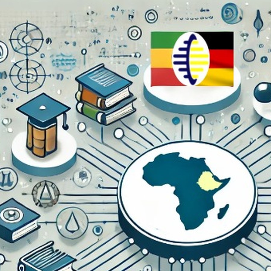 An illustration of knowledge transfer between Ethiopia and Germany — a map of Africa at the centre of a network of books, laboratory and technology symbols